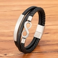 Men's multilayer black braided leather bracelet featuring a silver infinity metal symbol - 19cm / Steel