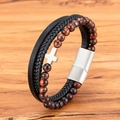 Bracelet multicouche en cuir pour homme avec perles oeil de tigre et croix argentée - Rouge / 19cm