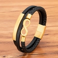 Men's multi-layer black braided leather infinity bracelet with gold magnetic clasp - 19cm / Gold