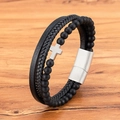 Bracelet multicouche pour homme en cuir noir avec croix argentée et perles d'agate - Noir / 19cm