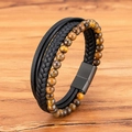 Three-layer leather bracelet for men featuring brown tiger eye beads and black magnetic clasp - Yellow Tiger Eye / 19cm