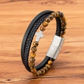 Bracelet homme triple couche avec perles d'oeil de tigre, cuir tressé et croix - Jaune / 19cm