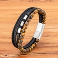 Mehrlagiges Herrenarmband mit gelben Tigerauge-Steinen und schwarzem geflochtenem Leder - 19cm / Gelbes Tigerauge