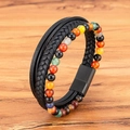 Men's leather bracelet with woven layers, colorful tiger eye stones and magnetic clasp - Colored Agate / 19cm