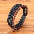 Men's multi-layer bracelet with red tiger eye beads and braided black leather magnetic clasp - Red Tiger Eye / 19cm