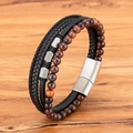 Mehrlagiges Lederarmband für Herren mit roten Tigerauge-Perlen und Magnetverschluss aus Stahl - 19cm / Rotes Tigerauge