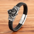 Men's black braided leather bracelet featuring a silver polished cobra snake charm - Cobra Snake Style (BXG2125)