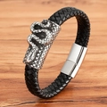 Men's black braided leather bracelet featuring a silver snake motif and magnetic clasp - Relief Snake Style (BXG2127)