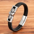 Men's braided black leather bracelet with silver skull charm and magnetic clasp - Punk Rock Skull Style (BXG2128)