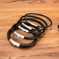 Fünfteiliges Set gewebter schwarzer Lederarmbänder für Herren mit Edelstahl-Magnetverschlüssen - 17cm / 3mm / Schwarzes Leder Stahlschnalle