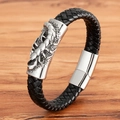 Men's black braided leather bracelet featuring a silver scorpion charm and magnetic clasp - Retro Scorpion Plaque Style (BXG2129)
