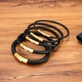 Fünfteiliges Set aus geflochtenen schwarzen Lederarmbändern mit polierten Goldverschlüssen - 17cm / 3mm / Schwarzes Leder mit goldenem Verschluss