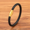 Braided black leather bracelet with golden magnetic stainless steel clasp on wood - 17cm / Gold-3mm
