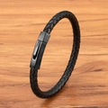 Geflochtenes Herrenarmband aus schwarzem Leder mit mattem Sechskant-Metallverschluss - Schwarz (Schwarze Schnalle) / 19cm