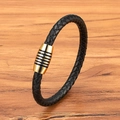Schwarzes geflochtenes Lederarmband für Herren mit goldener Magnet-Metallschließe - Schwarzes Leder mit goldenem Verschluss / 19cm