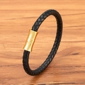 Geflochtenes schwarzes Lederarmband mit poliertem Gold-Magnetverschluss für Damen und Herren - 19cm / Schwarzes Leder mit goldenem Verschluss