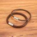 Set di bracciali in pelle intrecciata marrone con chiusure magnetiche in acciaio - 4mm / Marrone Argento / 17cm