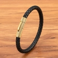 Heren gevlochten zwart lederen armband met gouden gekartelde stalen sluiting - 19cm / Gouden Sluiting Zwart Leer
