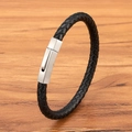Herren Armband aus schwarzem geflochtenem Leder mit mattem Edelstahlverschluss in Silber - Schwarz (Stahlschnalle) / 19cm