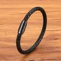 Dreifach geflochtenes schwarzes Lederarmband mit mattschwarzem Magnetverschluss - Schwarzes Leder Schwarze Schnalle / 19cm