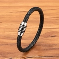 Herren Armband aus 6mm schwarzem geflochtenem Rindsleder mit Silber-Magnetverschluss - Schwarzes Leder Stahlschnalle / 19cm