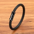 Geflochtenes Herrenarmband aus schwarzem Leder mit schwarzem Magnetverschluss aus Metall - 19cm / Schwarzes Leder Schwarze Schnalle