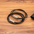 Double-wrap black braided leather bracelet for men with silver stainless steel magnetic clasp - Fine Style / Steel