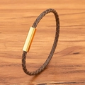 Geflochtenes dunkelbraunes Lederarmband mit poliertem goldenem Magnetverschluss aus Stahl - 3mm - 17cm / Gold