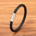 Geflochtenes schwarzes Lederarmband mit silbernem Magnetverschluss aus Edelstahl - 19cm / Schwarzes Leder Stahlschnalle