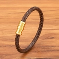 Geflochtenes dunkelbraunes Lederarmband mit gebürstetem goldenem Magnetverschluss - Braunes Leder Goldener Verschluss / 19cm