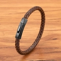 Men's brown braided leather bracelet featuring a matte black hexagonal metal clasp - Brown (Black Buckle)