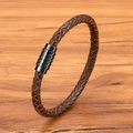 Men's dark brown braided leather bracelet featuring a black stainless magnetic clasp - Coffee Leather Black Buckle
