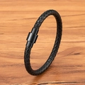 Men's double braided black leather bracelet with matte black magnetic clasp on wood - 17cm / Black 3mm