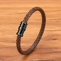 Braided dark brown leather bracelet with sleek black cylindrical magnetic metal clasp - Brown Leather Black Buckle