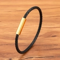 Men's black braided leather bracelet with a polished golden stainless steel clasp - 3mm / Gold / 17cm