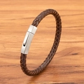 Men's dark brown braided leather bracelet with a matte silver stainless steel buckle - Brown (Silver Buckle)