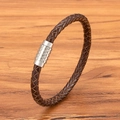 Deep brown braided leather bracelet with a silver magnetic clasp for men - Coffee Leather Steel Buckle