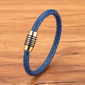 Bracciale da uomo in pelle intrecciata blu con chiusura magnetica a strisce oro e nere - Pelle Blu Fibbia Dorata