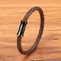 Men's braided leather bracelet in dark brown with black matte magnetic metal clasp - Brown Leather Black Clasp