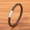 6mm dark brown braided leather bracelet with silver magnetic stainless steel clasp - Brown Leather Steel Clasp