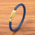 Blue braided leather bracelet for men featuring a gold-finished hexagonal matte clasp - Blue (Gold Buckle)