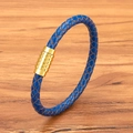 Three-strand braided blue leather bracelet for men with golden magnetic steel clasp - Blue Leather Gold Buckle