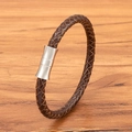 Braided genuine leather bracelet in dark brown with polished silver magnetic clasp closure - Brown Leather Steel Buckle