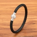 Bracciale da uomo intrecciato in pelle nera con chiusura magnetica in argento - Pelle Nera Fibbia in Acciaio