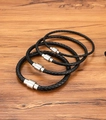 Set of four black braided leather bracelets with polished silver magnetic clasps - 17cm / Steel 3mm