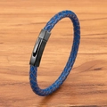Royal blue braided leather men's bracelet with a matte black hexagonal metal clasp - Blue (Black Clasp)