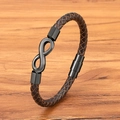 Brown braided leather infinity bracelet with matte black magnetic clasp for men - Coffee Leather Black Buckle