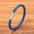 Royal blue braided leather bracelet with silver textured magnetic steel clasp - Blue Leather Steel Buckle