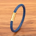 Braided blue leather bracelet with gold magnetic buckle in a minimalist unisex style - Blue Leather Gold Buckle