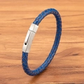 Men's blue braided leather bracelet with matte finish silver stainless steel buckle - Blue (Steel Buckle)